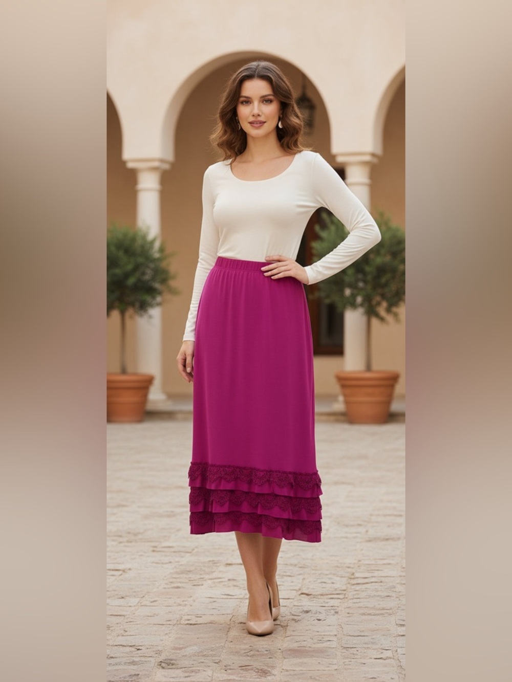 Unk Fuchsia Tiered Lace-Hem Midi Skirt - Picture 2 of 5
